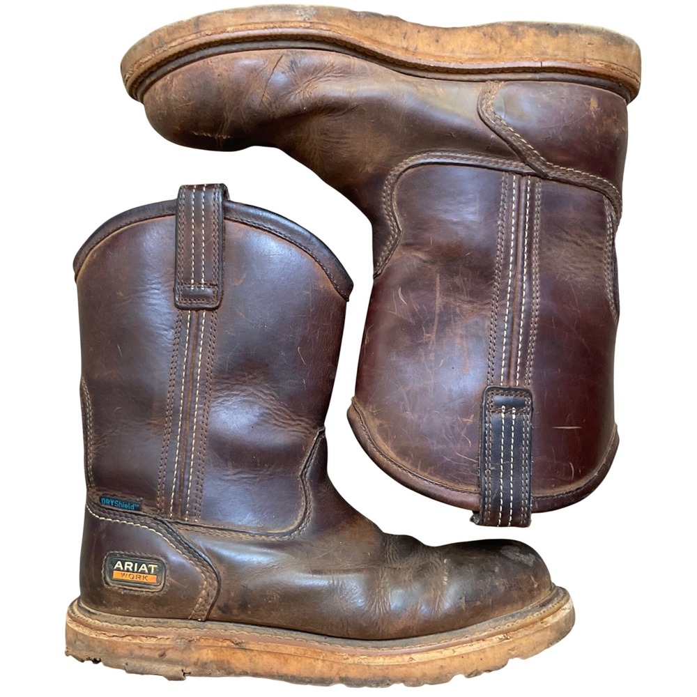 Ariat Work Groundbreaker Waterproof Leather Boots Mens 8.5 EE Wide Brown READ